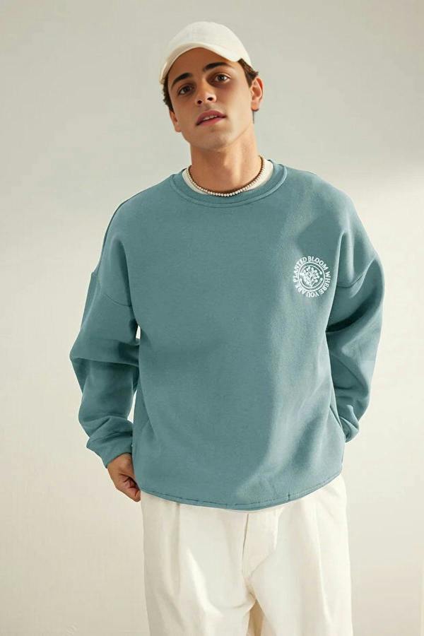 WOVCOR Floral Embroidered Cotton Men's Sweatshirt with Fleece Lining