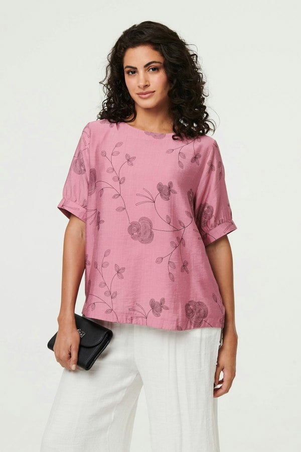 Pink | Floral Short Puff Sleeve Blouse Top
