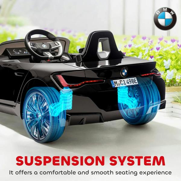 Kids electric ride-on car rear view with glowing blue suspension effect
