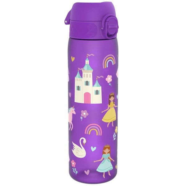 A purple water bottle, featuring a princess, castle, unicorn, and swan design, stands against a white background.