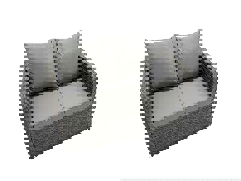 Fimous 6 Seater Garden Outdoor Rattan Furniture Set Rattan Sofa Oblong Dining Table with 2 Big Stools Dark Grey