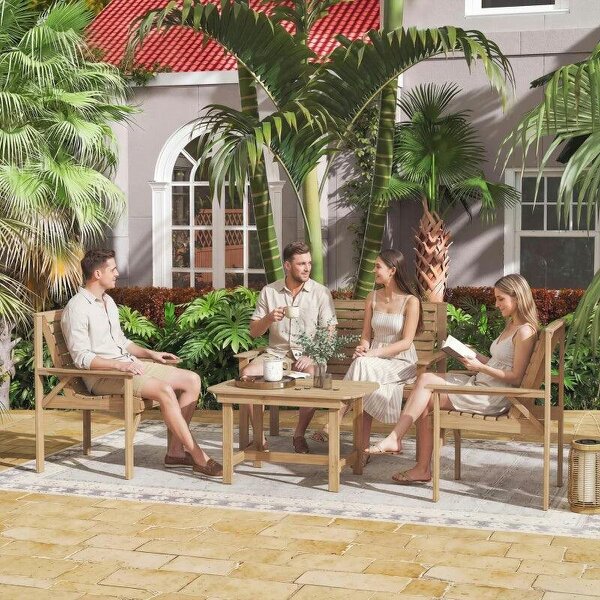 4 Piece Wooden Garden Furniture Set, Outdoor Garden Sofa Set with 2 Armchairs, Loveseat and Coffee Table, Natural Wood
