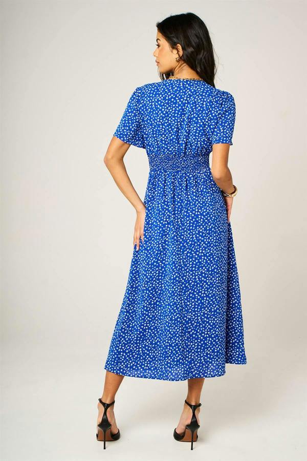 FS Collection Little Floral Print Button Front Midi Dress In Blue
