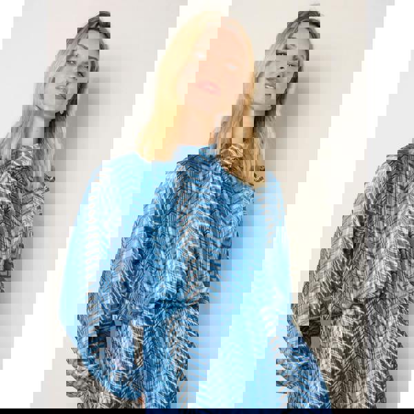 Blue Vanilla Zig Zag Metallic High Neck Puffball Pleated Dress