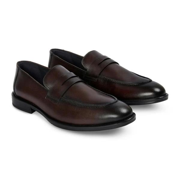 Paul Andrew Ted - Men's Brown Classic Moc Toe Leather Penny Loafers