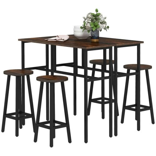 Bobobiy 6-Piece Bar Table Set, Counter Height Kitchen Dining Set with 2 High Tables & 4 Stools, Rustic Brown