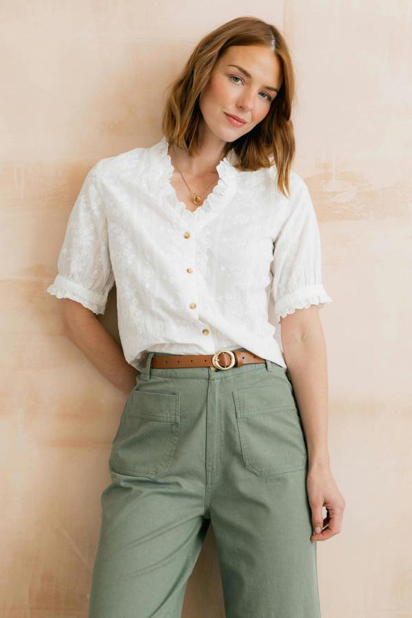 Lily & Me Wren Embroidered Cotton Frill Blouse White