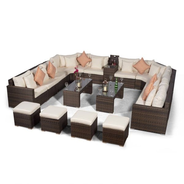 Giardino Santorini U Shape Modular 10 Seat Rattan Sofa Set With Armrest Drinks Cooler, 2 Coffee Tables & 4 Stools