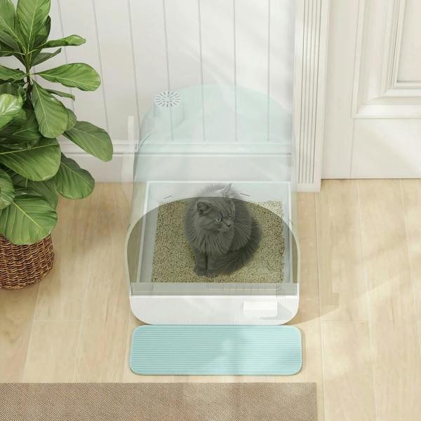 Mint hooded cat litter box with open front and removable tray with litter pad