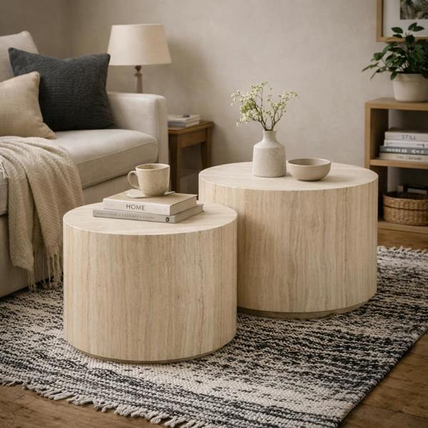 Wyld Haus Set of 2 Munkebo Light Travertine Marble Round Coffee Tables