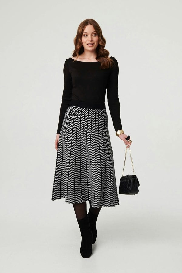 Black | Chevron Print High Waist Knit Midi Skirt
