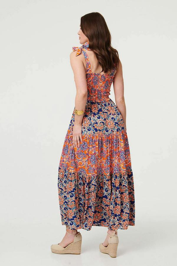 Orange | Floral Tiered Tie Strap Maxi Sun Dress
