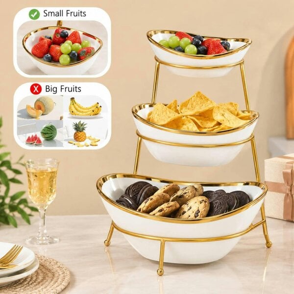 Dyzi 3 Tier Oval Serving Bowl Set with Metal Rack White & Gold