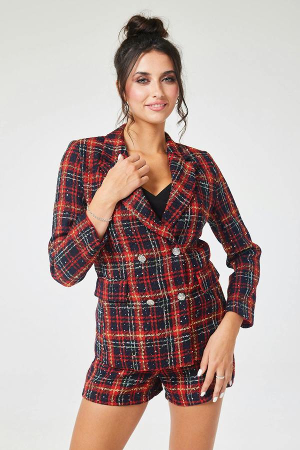 LuvForever Red Check Tweed Short Pant Suit