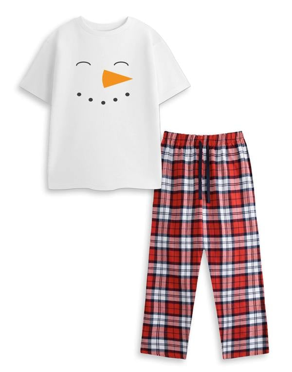 Show Me The Merch Unisex Kids White Snowman Short Sleeve Long Leg Pyjama Set