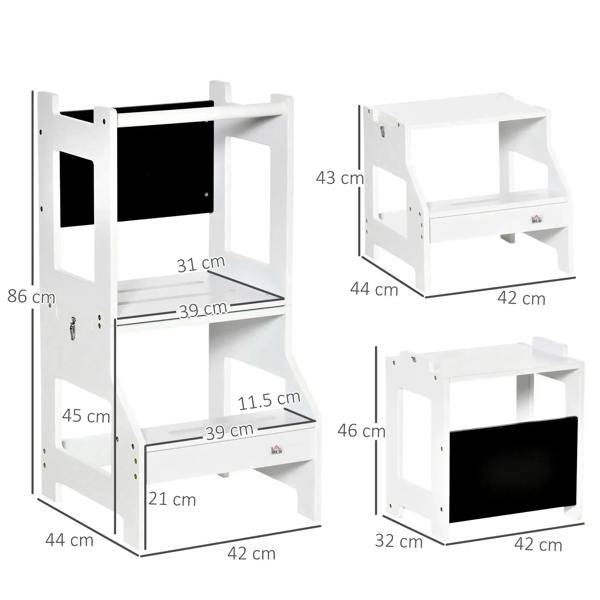 White kids step stool with front steps, side safety rails, and chalkboard panel