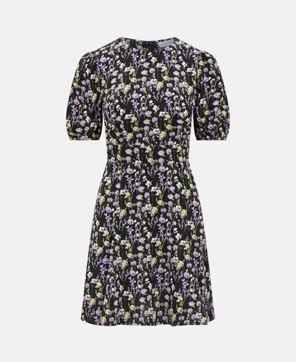 GODET PUFF SLEEVE MINI DRESS BLACK PURPLE FLORAL Front