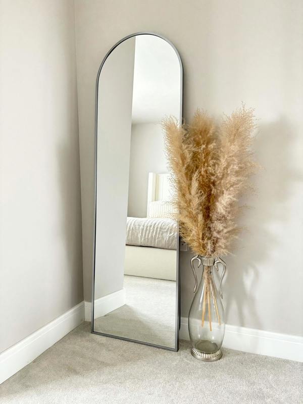 Downton Interiors Stunning Silver Arched Metal Frame Wall or Floor Standing Dressing Mirror 145cm x 45cm - Soho Collection