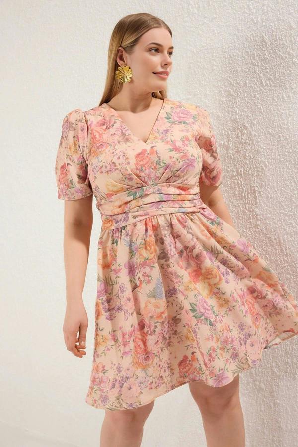 WOVCOR V-Neck Balloon Sleeve Woven Plus Size Dress
