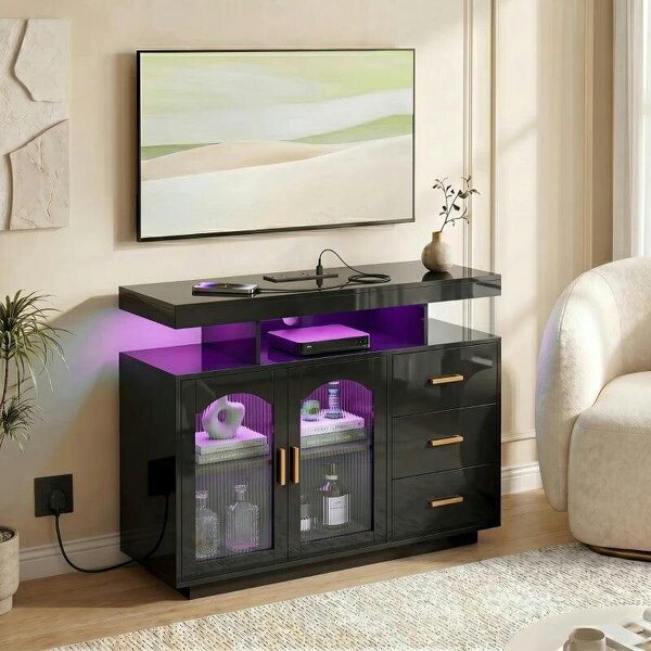 High Gloss Sideboard with LED Lights, Built-in Power Outlets, 3 Drawers, Shelves and 2 Acrylic Doors, Black