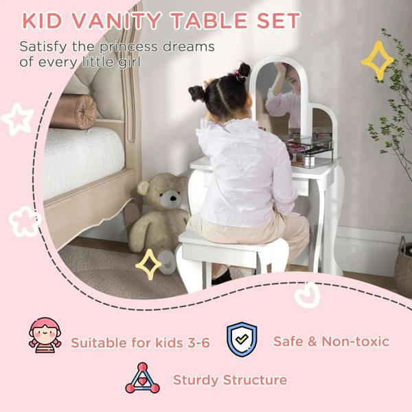 White kids dressing table set with arched mirror and matching stool