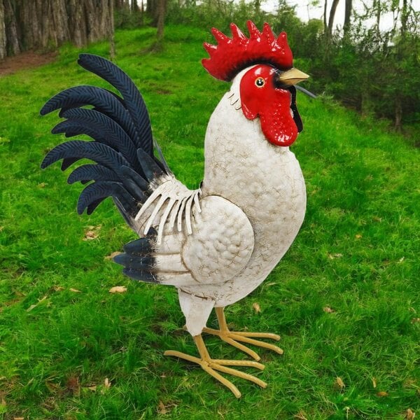 EDH Door Hardware Metal White Cockerel (44cm x 16cm x 36cm) – Handcrafted Rustic Rooster Garden Ornament Farmyard Statue
