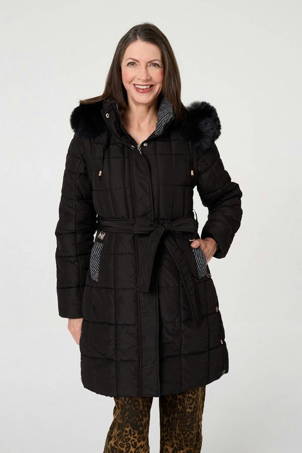 Black | Faux Fur Hood Textured Puffer Jacket
