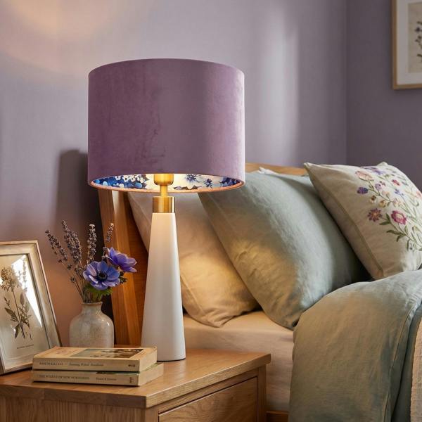 Soft Lilac Velvet Drum Lampshade with Inner Coloured Floral Lining Image 6