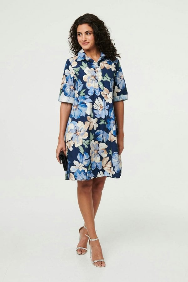 Navy | Floral Oversized Knee Length Shirt Dress
