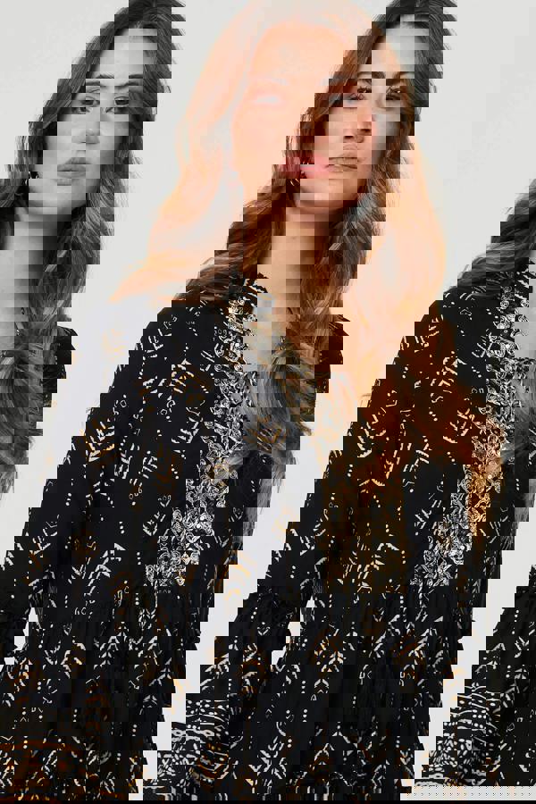 Black | Printed Metallic Trim Knee Length Dress