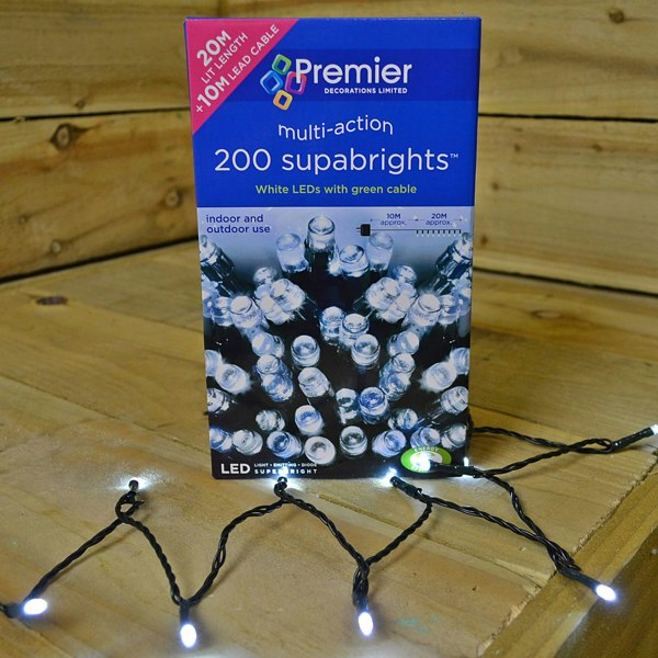 Samuel Alexander 200 LED 16m Premier SupaBrights Indoor Outdoor Christmas Multi Function Mains Operated String Lights with Timer in Cool White
