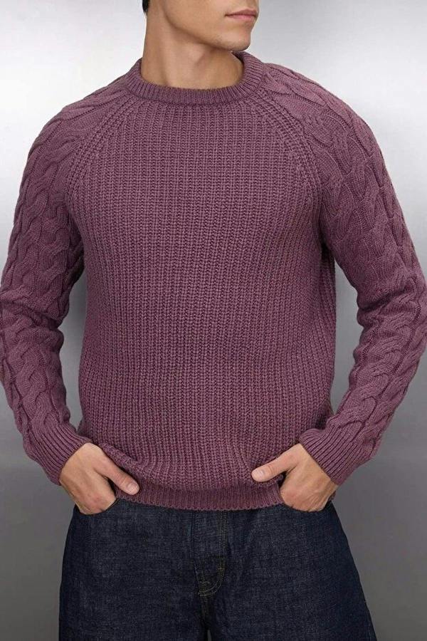 WOVCOR Regular Fit Woolen Crew Neck Knit Men's Sweater with Hair Knitting Detail