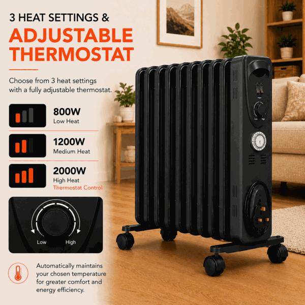 MYLEK Oil Filled Radiator 2000w Portable Heater Thermostat 24 Hour Timer Grey