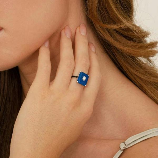 Gemondo Grand Deco Black Enamel, Lapis Lazuli & Colourless Topaz Ring in Sterling Silver