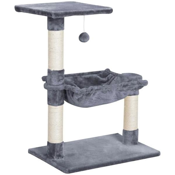 Grey cat tree with platform base, sisal posts, and enclosed hammock bed