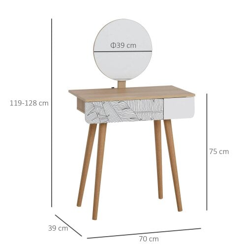 Wyld Haus Zino Oak Wood Botanical Pattern Dressing Table With Adjustable Mirror And Drawer Storage For Bedroom