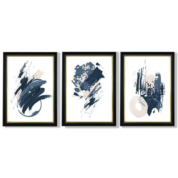 Abstract Set of 3 Minimal Blue Oil Painting Framed Art Prints with Vermeer Black and Gold Frames