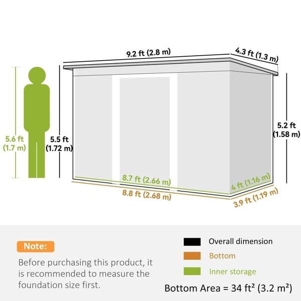 Metal shed dimensions diagram with labeled height, width, and depth measurements