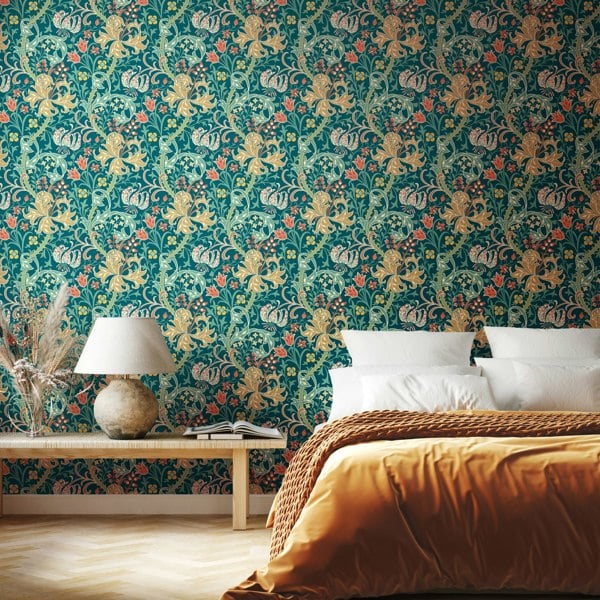 Hoopla Walls Lily Ogee - Teal 10m Wallpaper