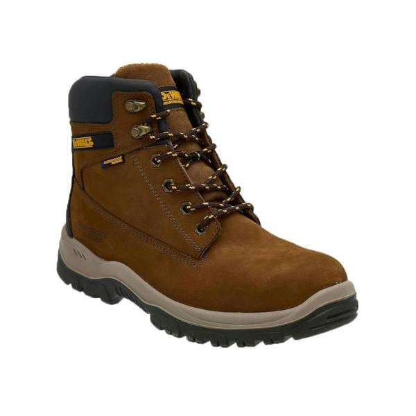 DeWalt Titanium Mens Leather S3 WR Safety Steel Toe Lace Up Boots, brown waterproof work boots with steel toe cap and cushioned collar.