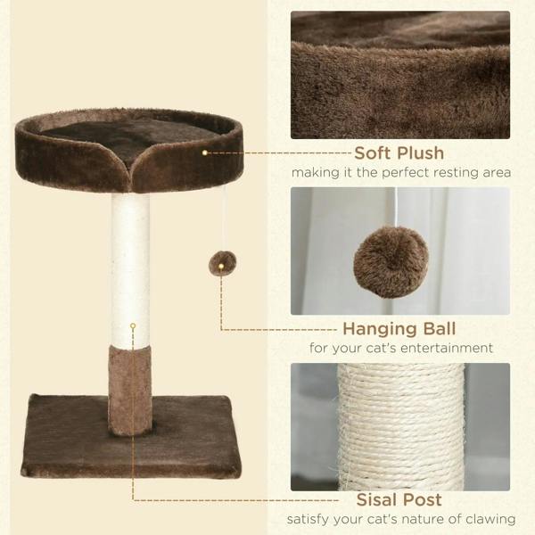 Brown cat tree showing plush bed, hanging ball toy, and sisal-textured scratching post