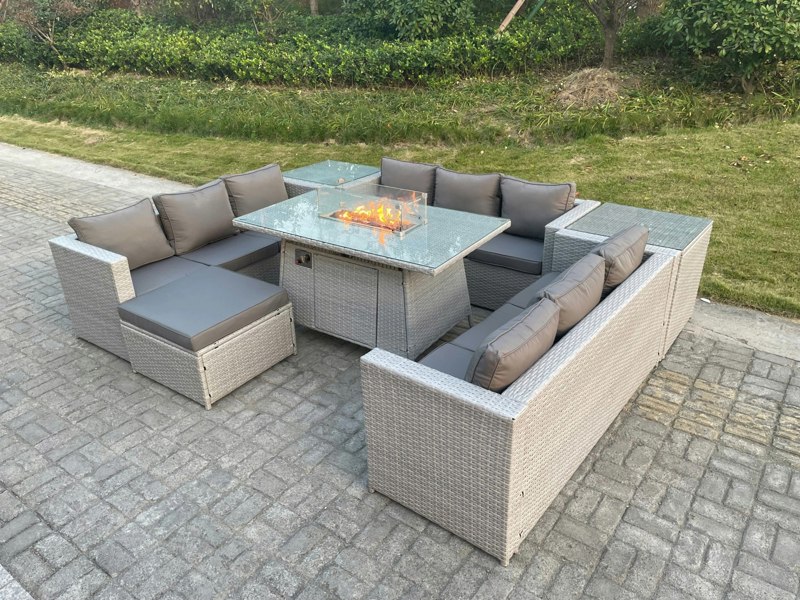 Fimous Rattan Outdoor Garden Furniture Set with Gas Fire pit Burner, 3 Sofas, 2 Side Tables,  1 Footstool - 10 Seater - Light Grey