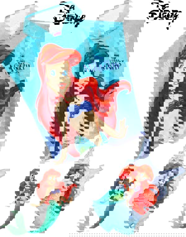 Disney Girls Blue Ariel Poncho Towel and 1 Piece Swimming Costume Set