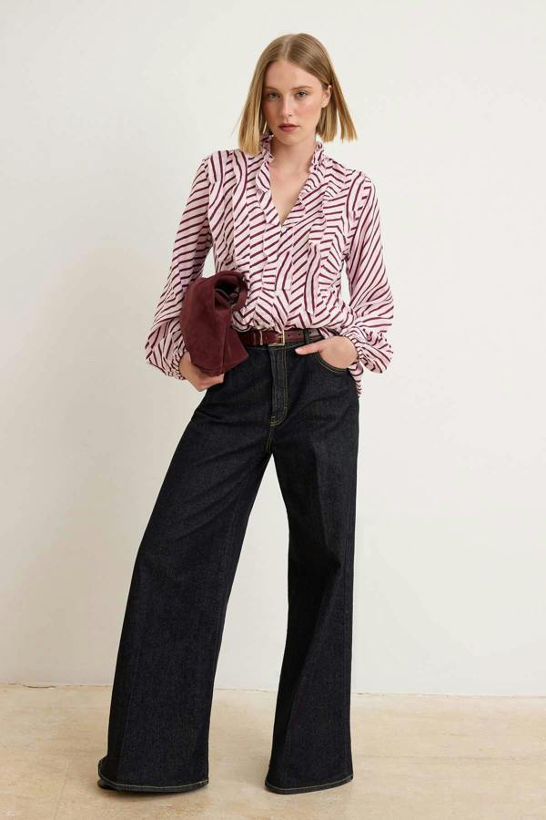 WOVCOR V Neck Long Sleeve Frill Detail Woven Shirt - Pink