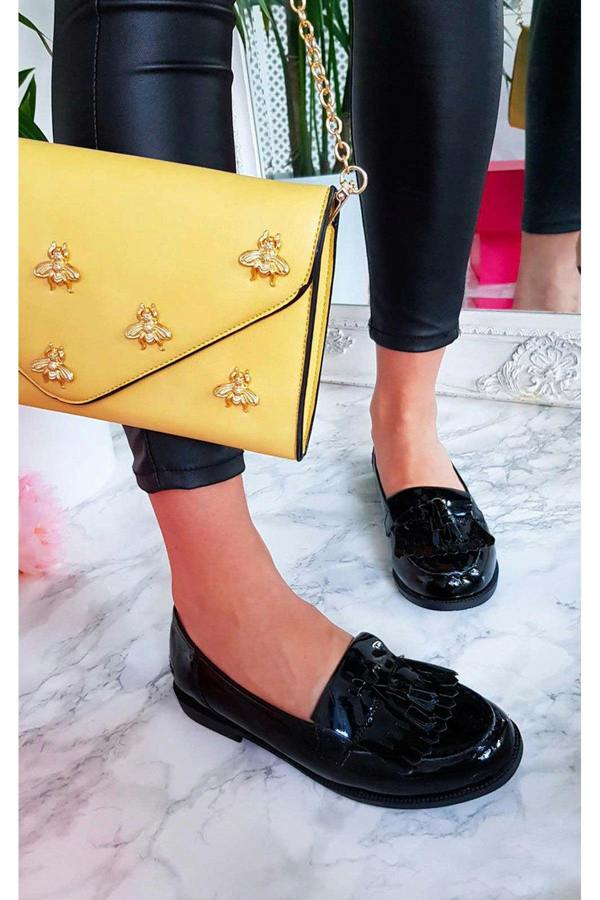Liana Patent Tassel Brogue Flats - BLACK