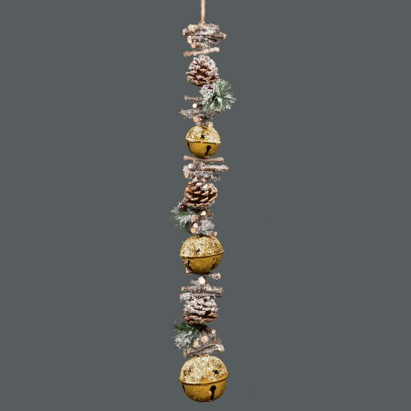 Shatchi 90cm Golden Christmas Hanging Decoration with Jingle Bells, Wooden Sticks, Pinecones and Berries
