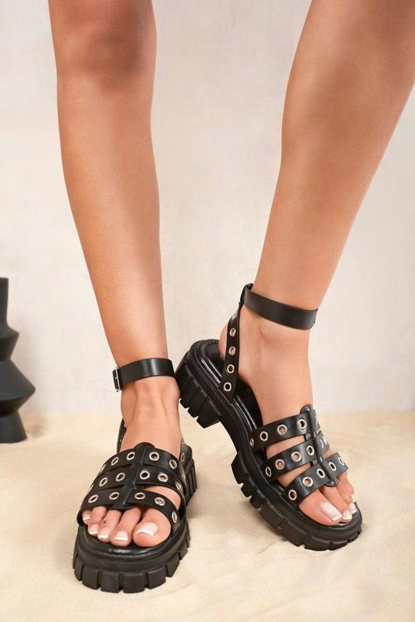 Briya Chunky Sole Studded Strap Sandals - Black