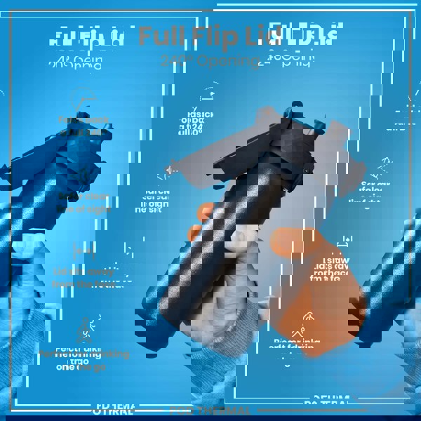 A dark-colored water bottle with a flip lid is held in a hand against a bright blue background. The lid folds back 240°. The bottle is described as perfect for on-the-go drinking. POD THERMAL.