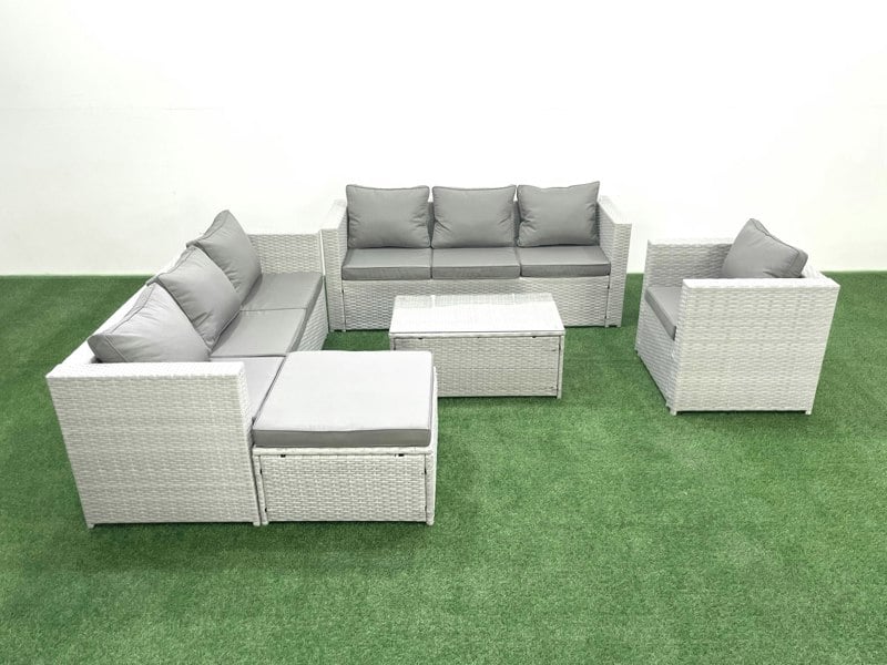 Fimous Wicker PE Rattan Sofa Garden Furniture Set with Armchair Oblong Coffee Table Big Footstool Light Grey Mixed