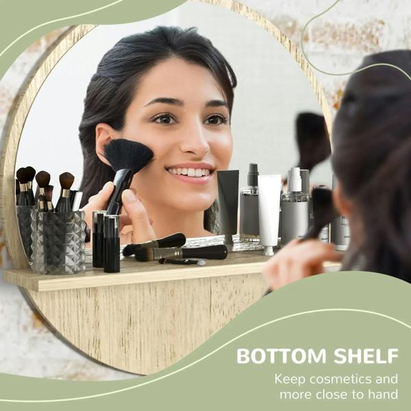Round mirror with natural wood-effect shelf holding makeup brushes and cosmetics